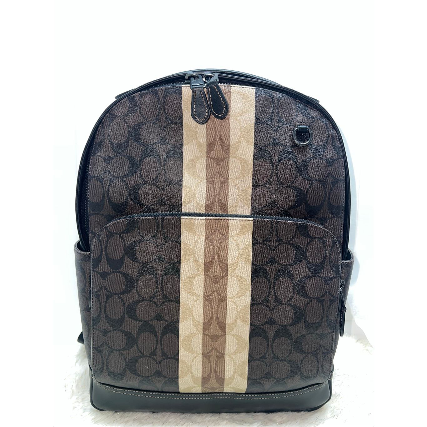 Coach Brown Signature Canvas Backpack With Tan Center Stripe